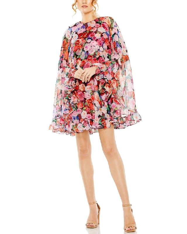 Crazy Savings Mac Duggal Floral Print High-Neck Ruffle Hem Cape Mini Dress