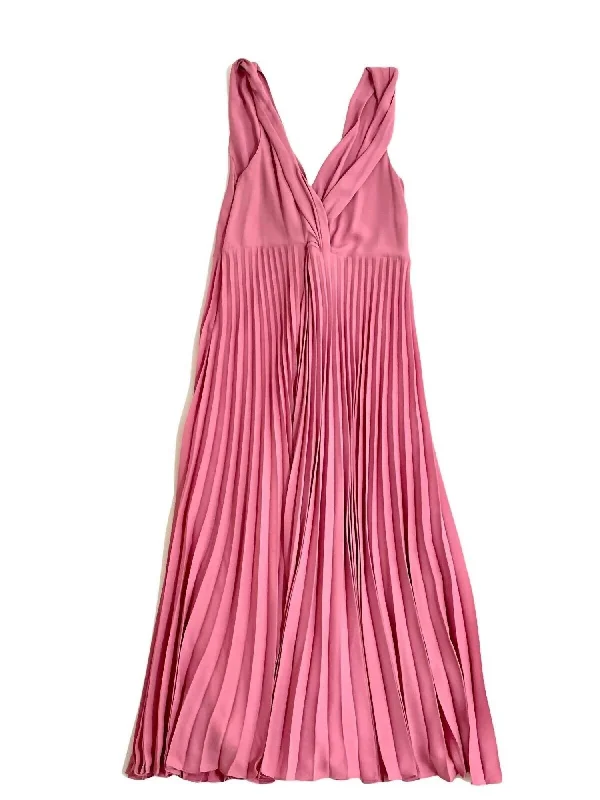 Overstock Women's Pleated V Neck Twist Sleeveless Midi Dress In Pink