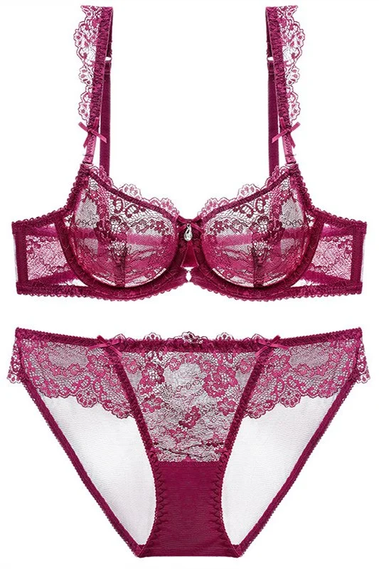 Major Savings Sexy Illusion Burgundy Lace Lingerie Set