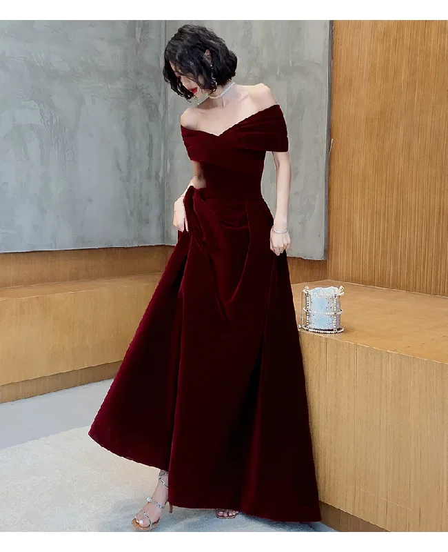 Exclusive Preview Burgundy Velvet Off Shoulder  A-Line Long Prom Dress, DP2076