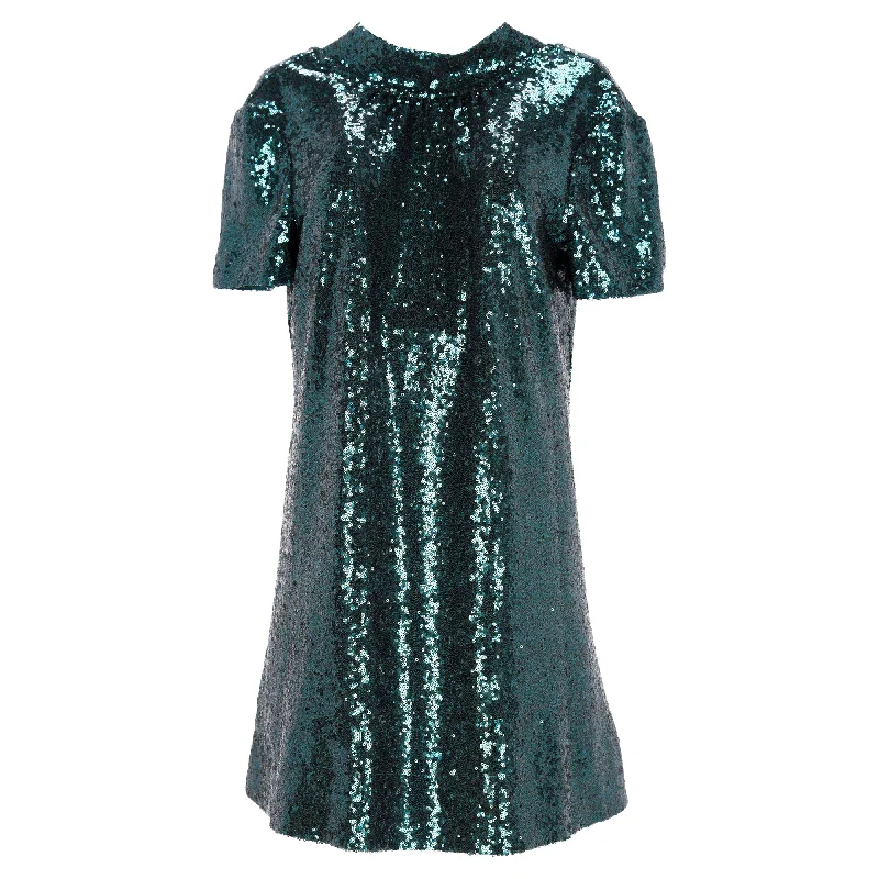 Super Sale Staud Mock Neck Mini Sequined Dress in Green Nylon