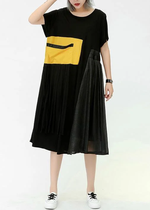 Limited Edition Elegant o neck patchwork pockets cotton Women Outfits yellow Dress summer