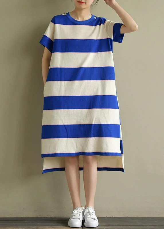 Flash Deals Elegant blue white striped Cotton dress o neck low high design baggy summer Dress Flash Deals Elegant blue white striped Cotton dress o neck low high design baggy summer Dress
