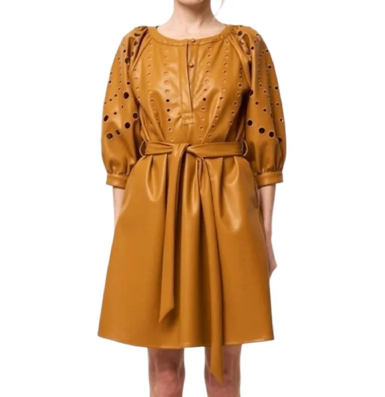 Special Price Kinna Embroidered Faux Leather Shirt Dress In Tan