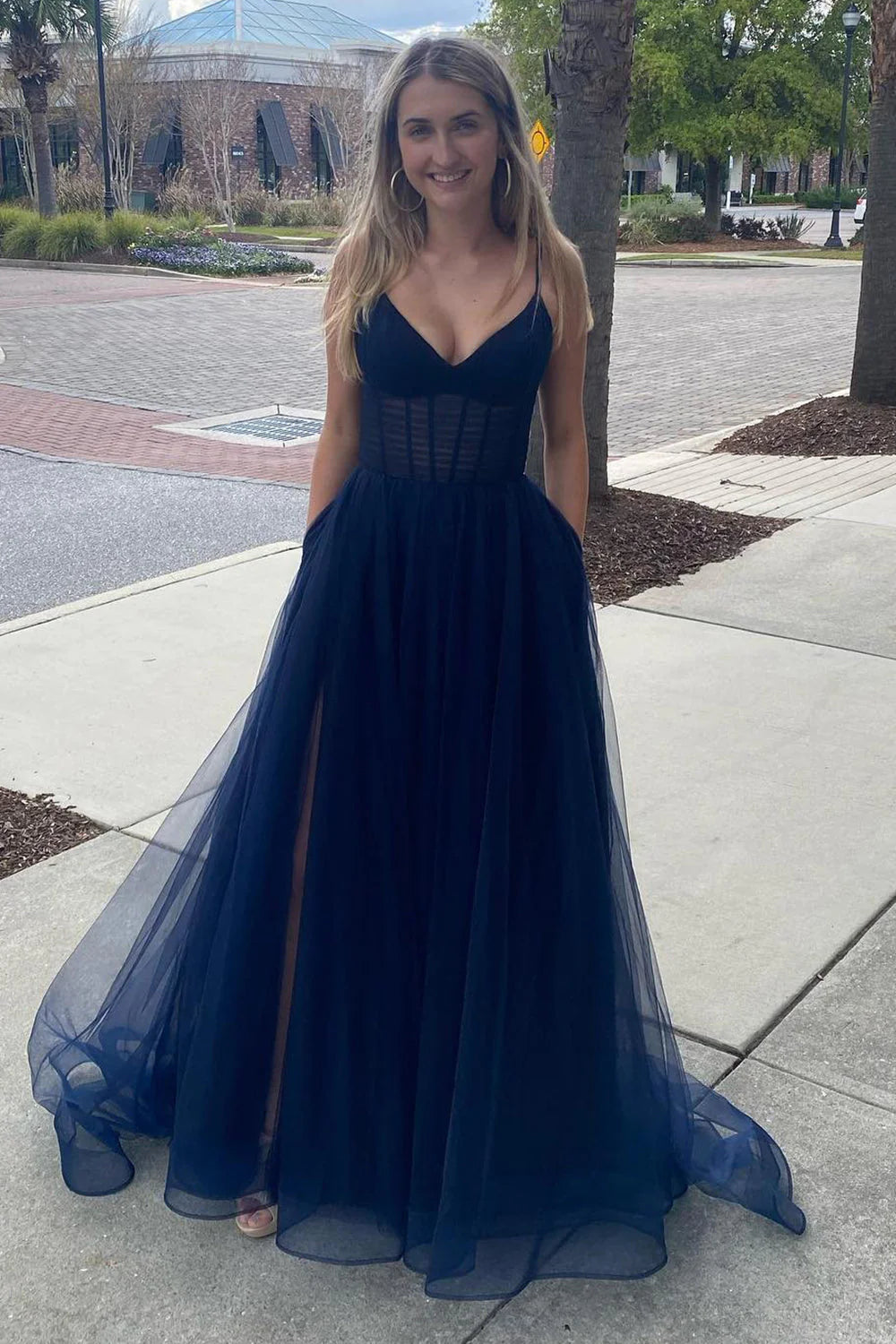 Unbeatable Prices Dark Navy Tulle A-Line V-Neck Party Prom Dress
