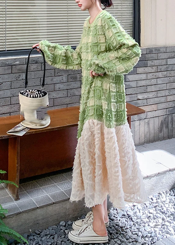 Price Rollback Stylish Green O-Neck Plaid Patchwork Long Dress Spring