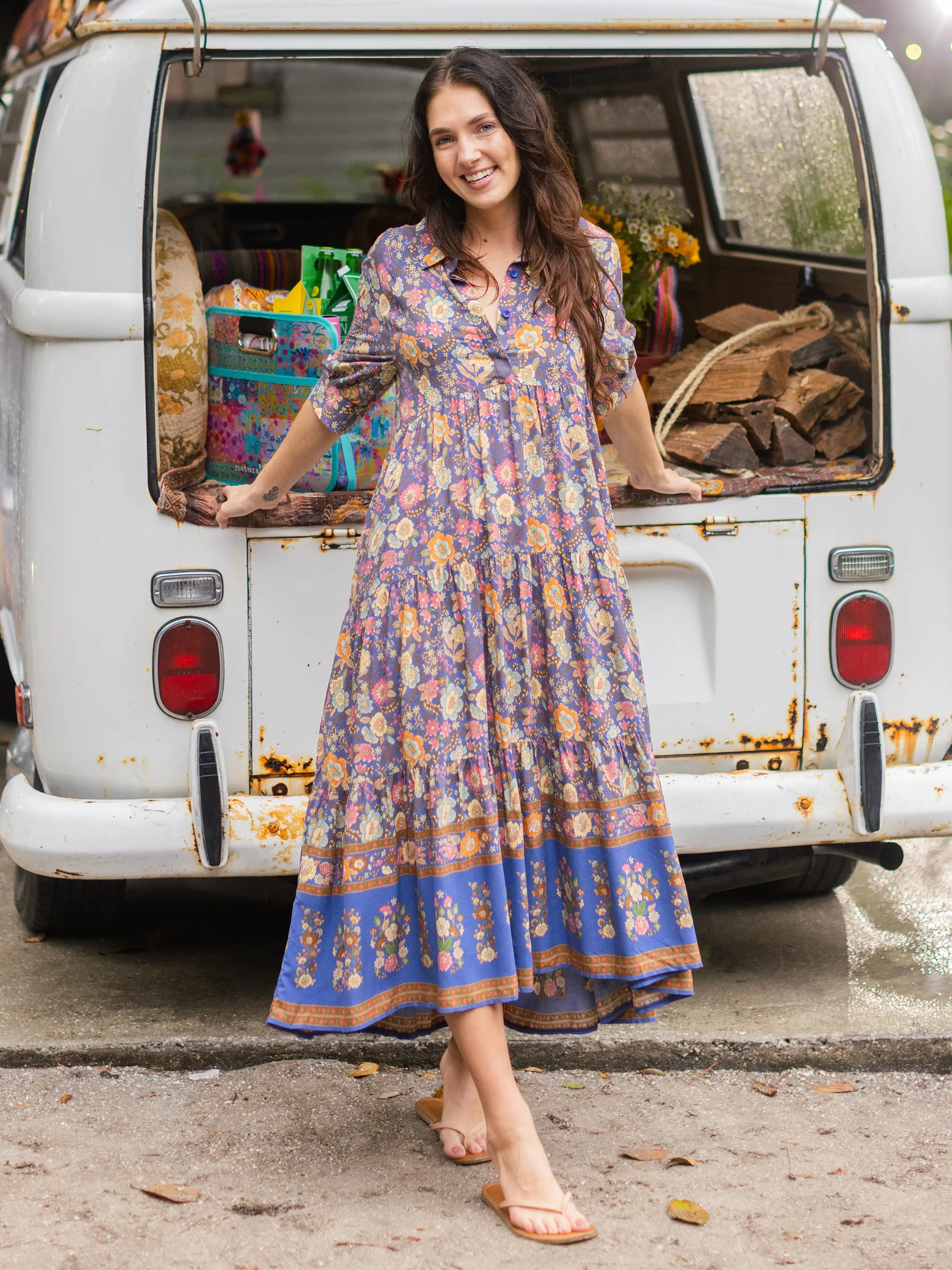 Buy More, Save More Rebecca Midi Dress - Blue Yellow Roses Border