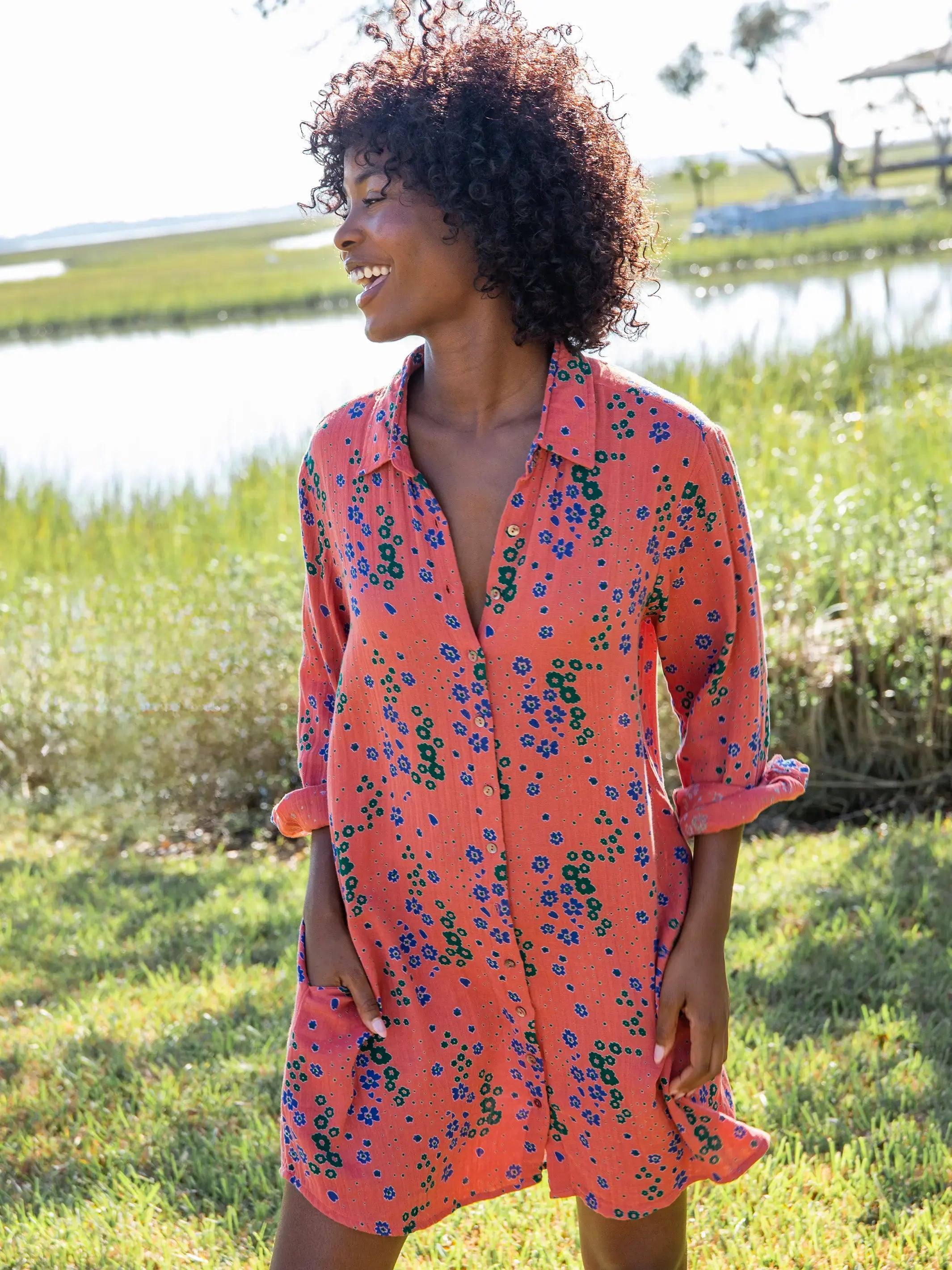 Reduced Prices Georgia Shirt Dress - Red Green Floral Cotton Gauze