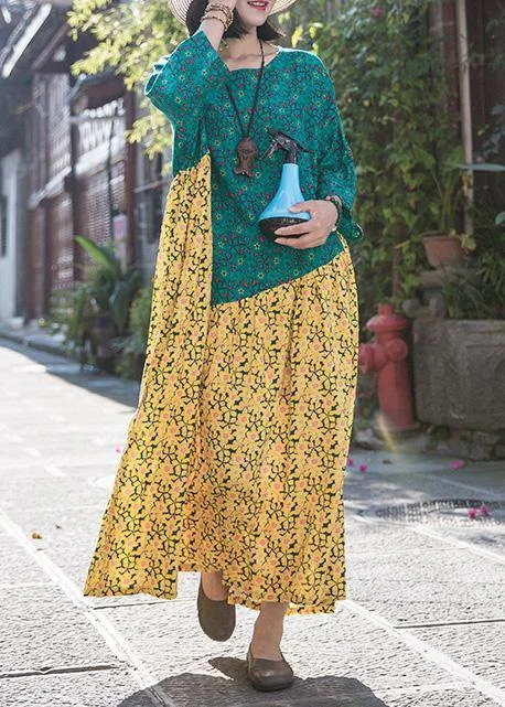 Sneak Peek Sale Elegant yellow blue print linen Robes o neck patchwork Traveling summer Dresses Sneak Peek Sale Elegant yellow blue print linen Robes o neck patchwork Traveling summer Dresses