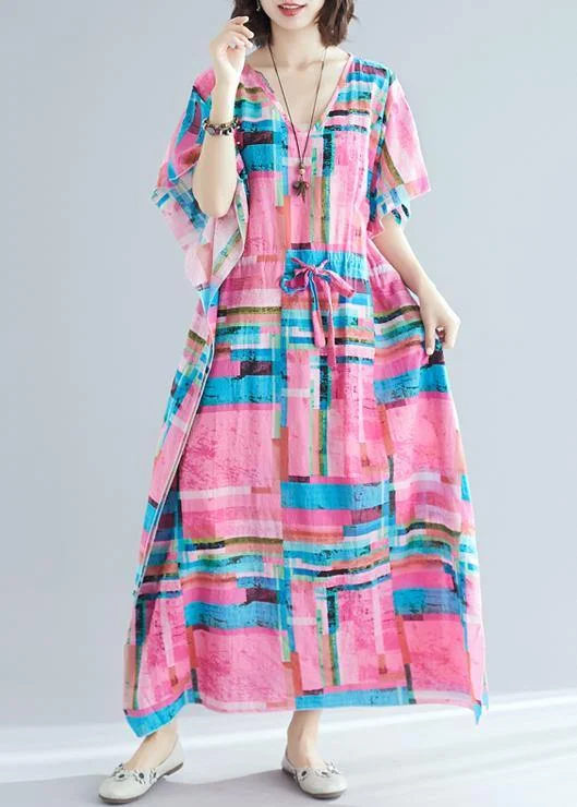 Big Savings 100% pink print Tunics v neck drawstring long summer Dresses