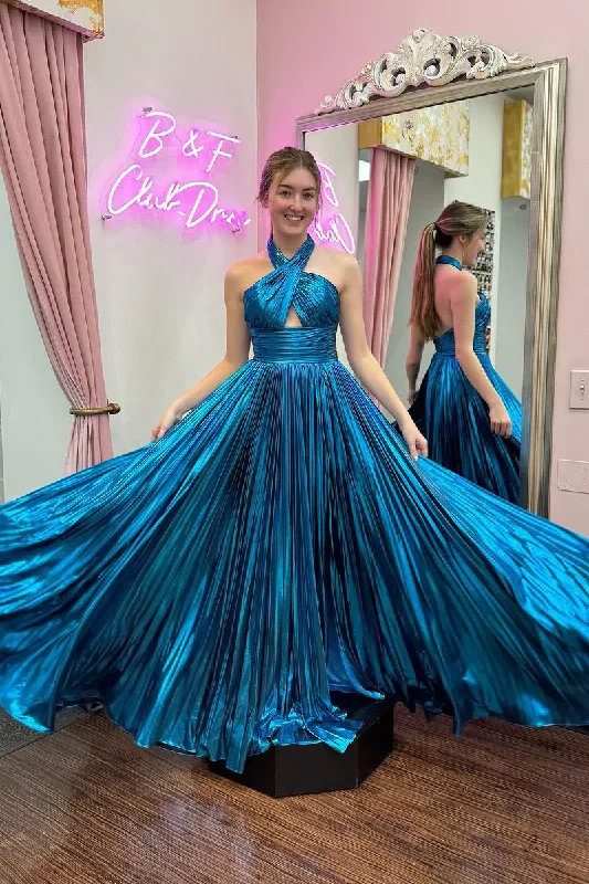 Value Deals Blue Halter Keyhole Pleated Satin A-Line Long Prom Dress, DP2143