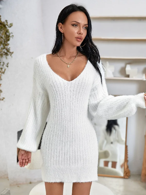 Online Exclusive KittenAlarm - Fuzzy Knit V Neck Lantern Sleeve Sweater Dress