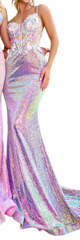 Bargain Blast Sheer Embroidered Prom Dress In Lilac Multi