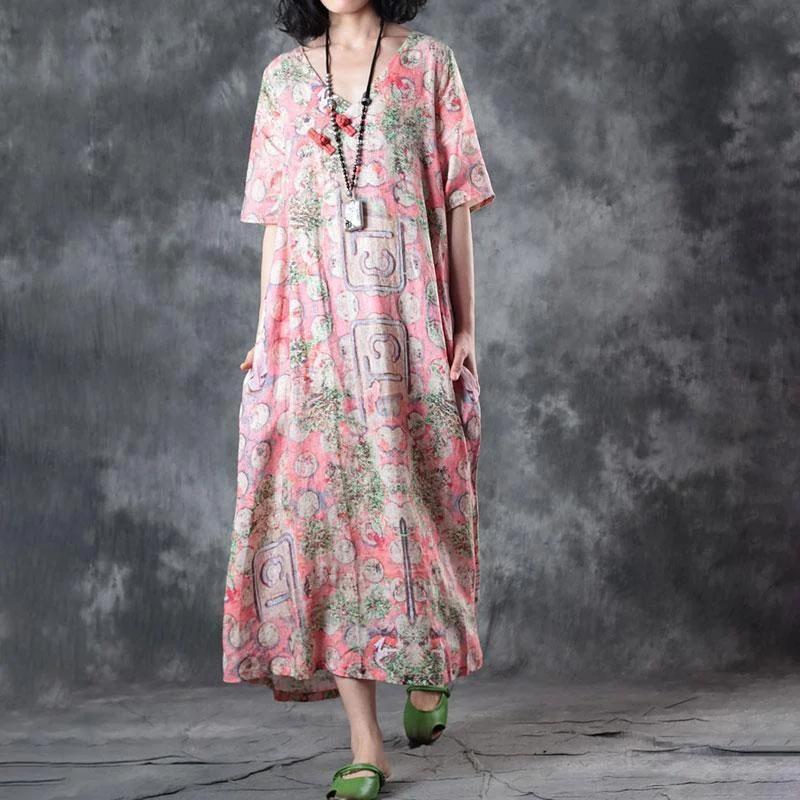 New Deals fashion linen sundress trendy plus size Retro V Neck Short Sleeve Printed Flax Pullover Dress