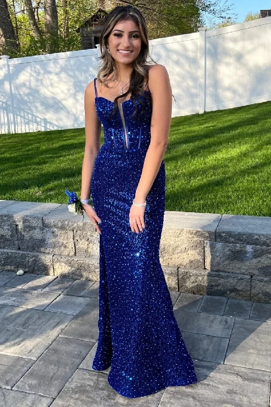 Stock Clearance Mermaid Sequins Sleeveless Long Party Prom Dress