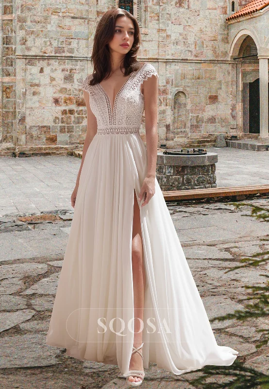 Final Sale Lace Applique Cutout Pleated Bride Gowns Deep V-Neck Cap-Sleeves Chiffon A-Line Wedding Dress
