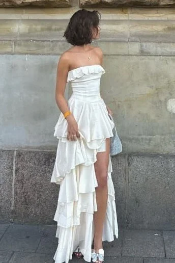 Mega Sale Strapless Satin A-Line Tiered Party Prom Dress With Slit