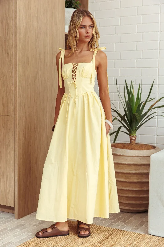 Act Fast Kiahna Lace-Up Bodice Maxi Dress Butter