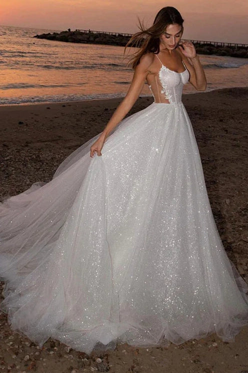 New Deals Sparkly Tulle A-Line Backless Bateau Beach Wedding Dress
