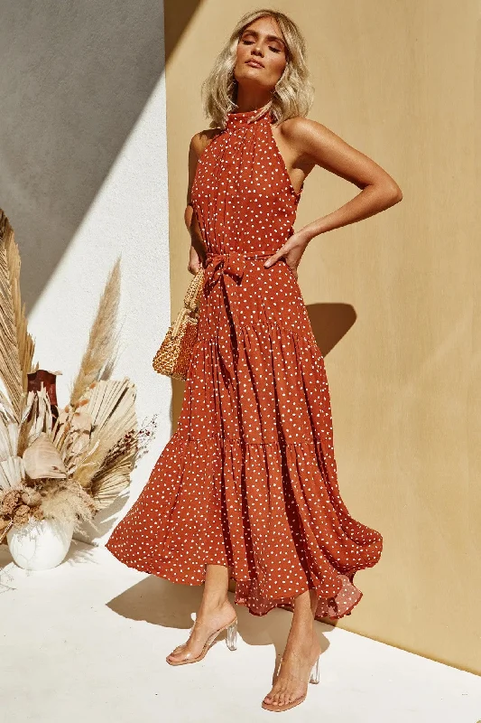 Online Only High Neck Polka Dot Long Red Summer Dress