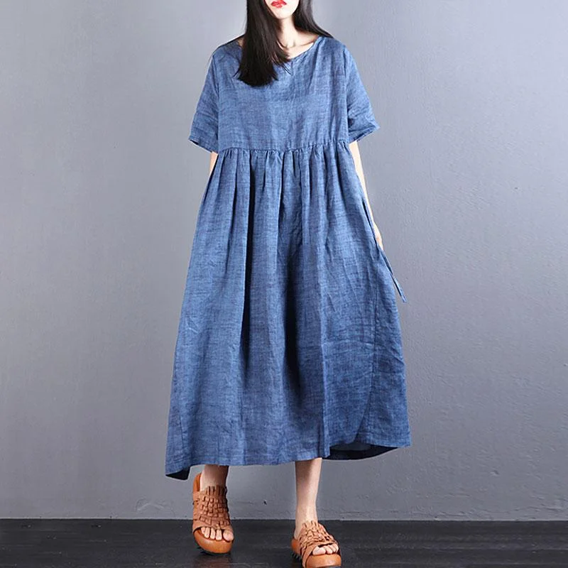 Special Discount fashion long linen dresses oversize Loose Lacing Ramie Short Sleeve Blue Pleated Dress Special Discount fashion long linen dresses oversize Loose Lacing Ramie Short Sleeve Blue Pleated Dress
