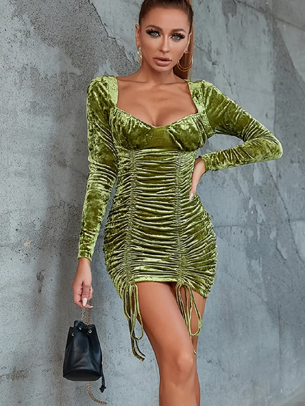 Year-End Sale KittenAlarm - Sweetheart Neck Drawstring Ruched Velvet Bodycon Dress