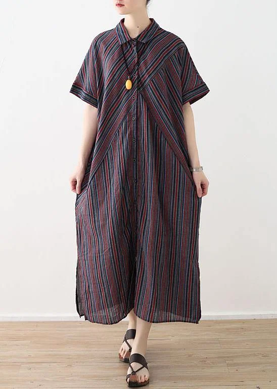 Buy More, Save More Elegant red blue striped cotton linen shirt dresses lapel collar summer Dress