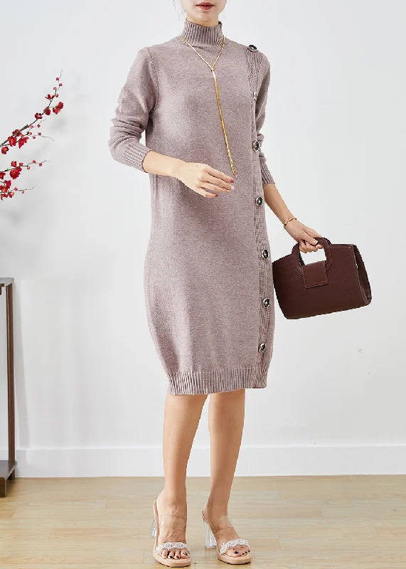Get It Before It’s Gone Beautiful Light Purple High Neck Button Knit Dress Winter