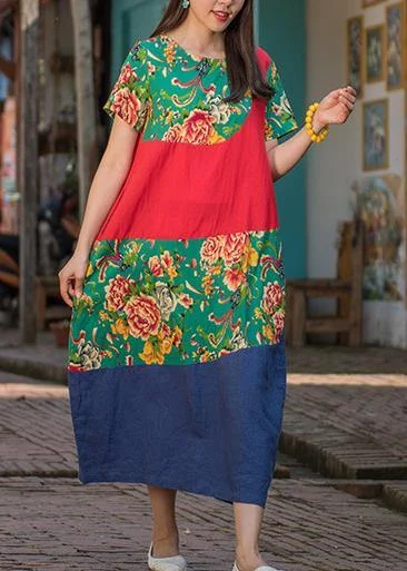 Friends and Family Sale Chic green print linen clothes For Women o neck patchwork cotton summer Dresses