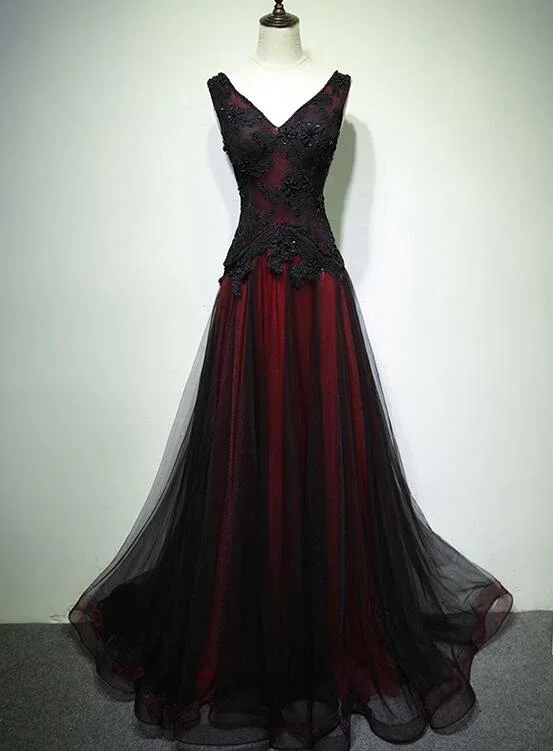 Seasonal Clearance Black And Red V-Nec Tulle Beaded Prom Dress Long Evening Gown, DP2075 Seasonal Clearance Black And Red V-Nec Tulle Beaded Prom Dress Long Evening Gown, DP2075