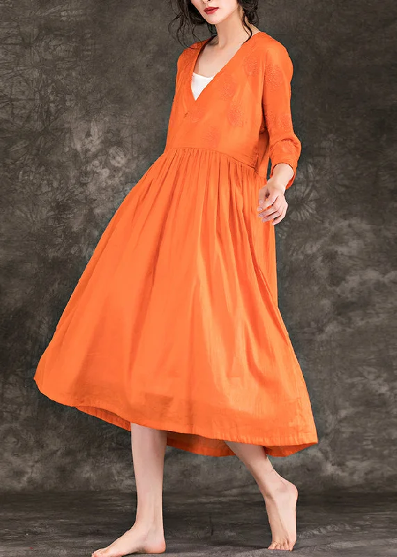Deal of the Week Elegant orange cotton linen Robes Vintage Inspiration v neck embroidery Robe Summer Dresses Deal of the Week Elegant orange cotton linen Robes Vintage Inspiration v neck embroidery Robe Summer Dresses