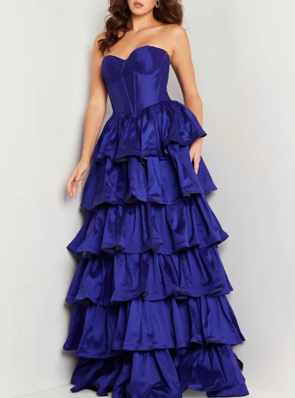 Today's Special Strapless Ruffle Skirt Gown In Royal Blue
