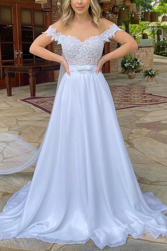 Price Cut Off-Shoulder Backless A-Line Appliques Wedding Dress