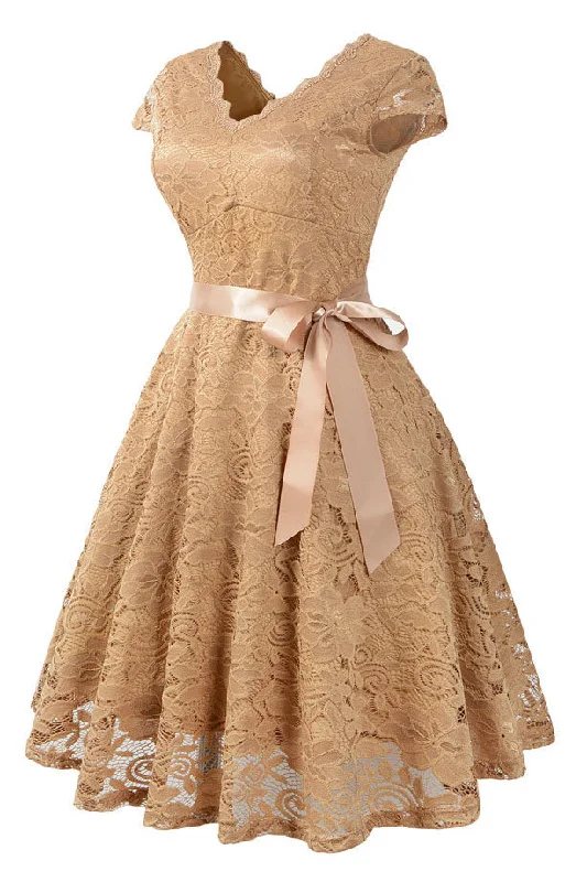 Massive Deals Cap Sleeves Lace Beige Short Party Dress