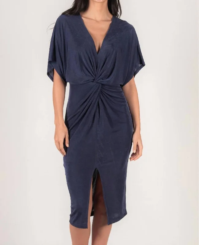 YEAR-End Sale V-Neck Fitted Midi Dress In Navy