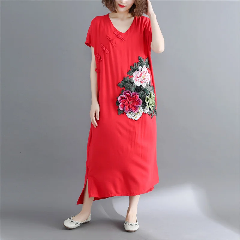 Closeout Fine red cotton linen maxi dress casual short sleeve Embroidery cotton dresses fine v neck traveling clothing Closeout Fine red cotton linen maxi dress casual short sleeve Embroidery cotton dresses fine v neck traveling clothing