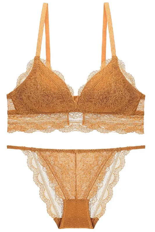 Limited Time Discount Vintage Triangle Burnt Yellow Lace Lingerie Set