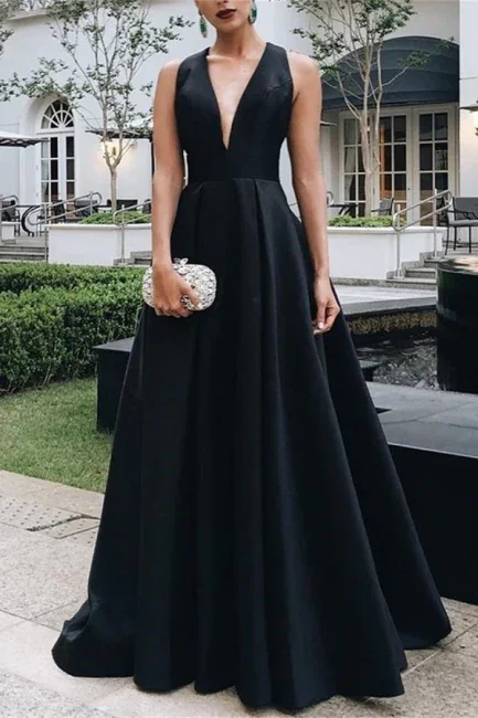 Lowest Prices Elagant Black A-Line Deep V Neck Formal Long Party Dress, DP2132