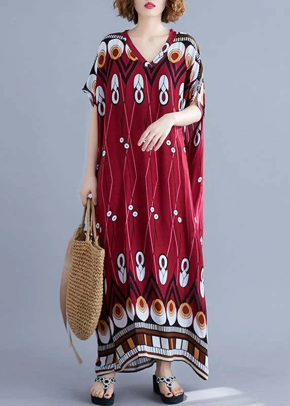 Price Rollback Chic red print quilting clothes v neck pockets long summer Dresses