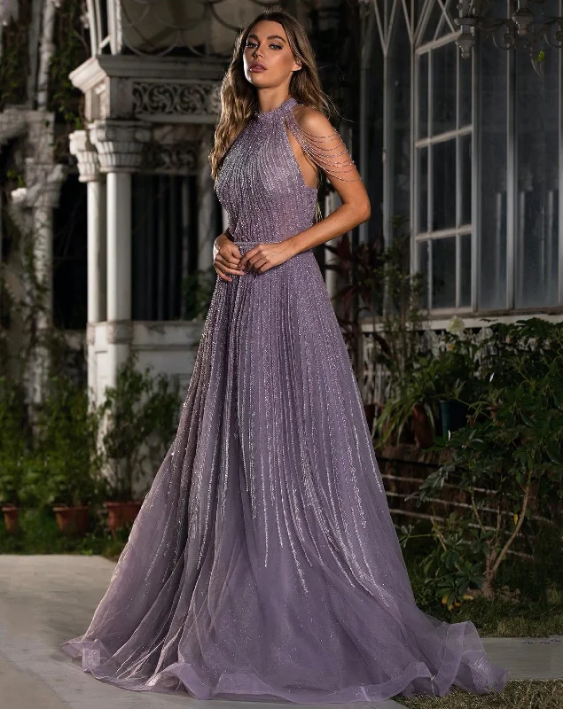 Early Access Beatrix High Neck Embroidered Gown - Purple