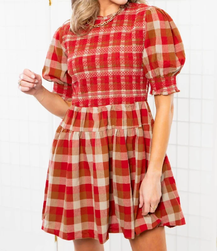 Great Bargains Smocked Plaid Red Mini Dress