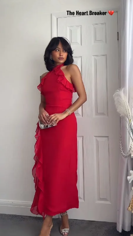 Discount Deals Red Halter Ruffle Charming Long Party Dress, DP2058