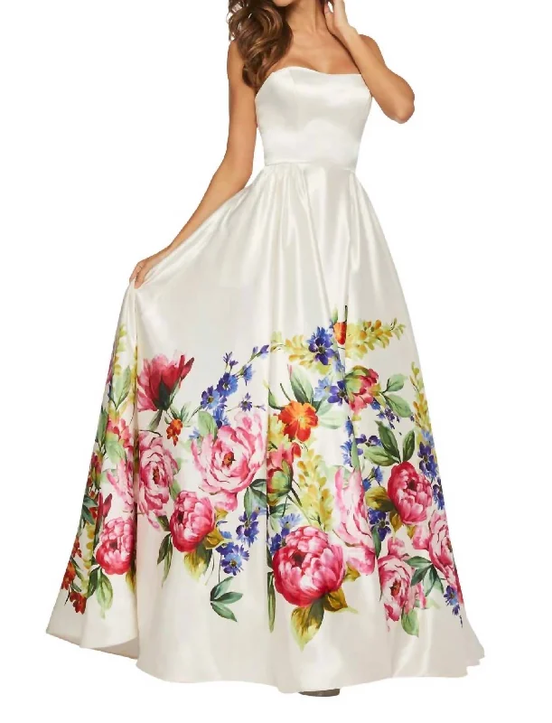 Act Now Strapless Satin Maxi Dress In Ivory Print