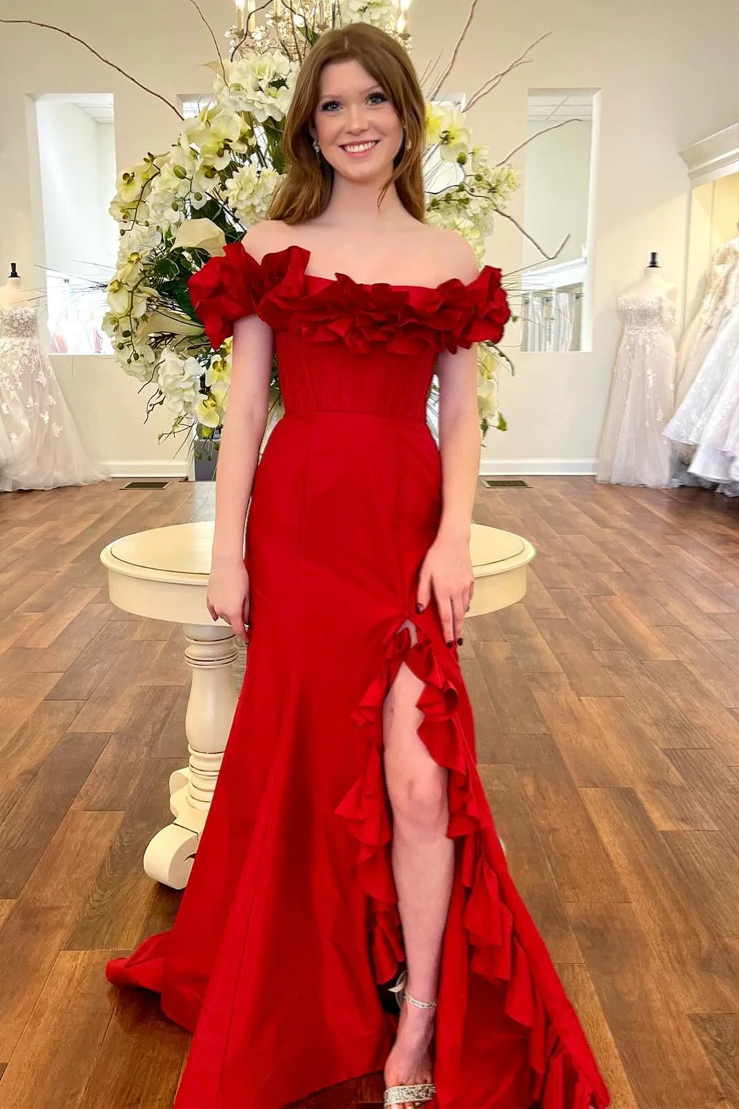 Extra Savings Red Satin A-Line Off-Shoulder Ruffled Party Prom Dress