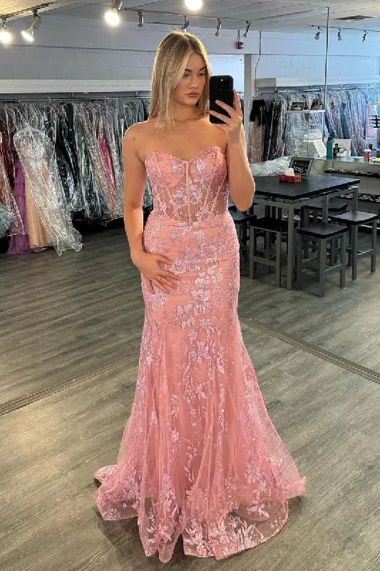 Discount Mania Pink Sweetheart Strapless Lace Mermaid Long Prom Dress, DP2137