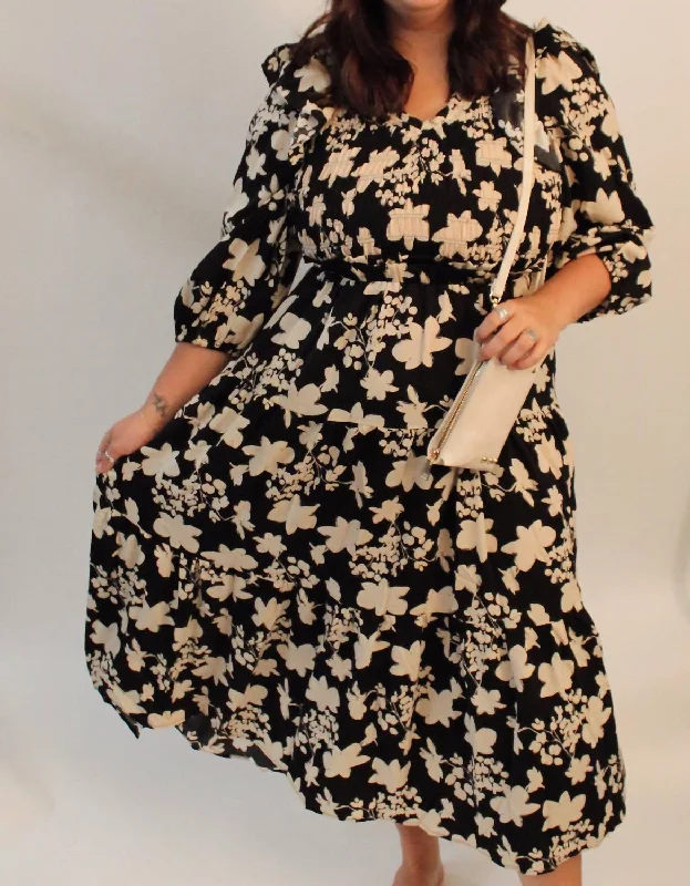 Exclusive Access 3/4 Length Sleeve Midi Dress In Black & Cream