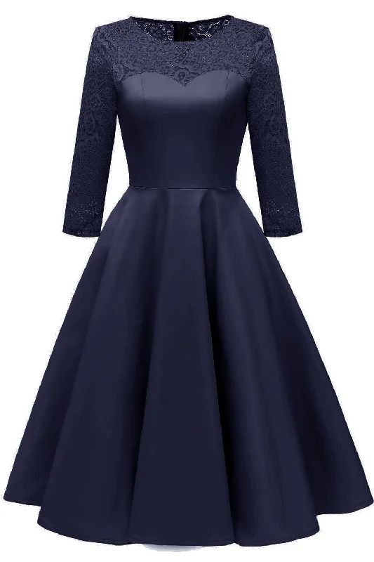 Buy Now Jewel Neck Long Sleeves Dark Navy Party Dress with Lace