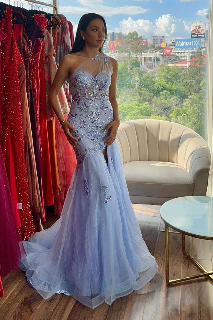 Weekend Deal One Shoulder Mermaid Appliques Tulle Prom Dress
