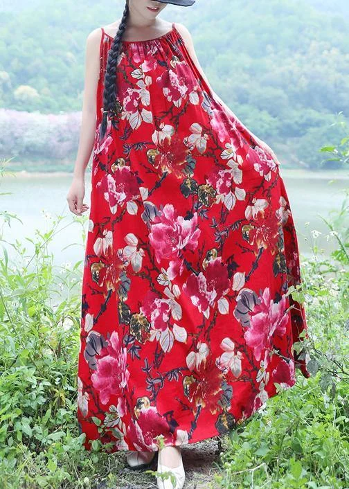 Act Now 100% red floral linen sleeveless long summer Dresses