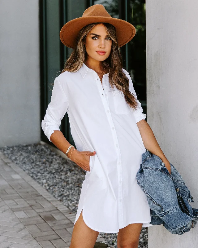 Early Access Risky Business Pocketed Button Down Shirt Dress - White
